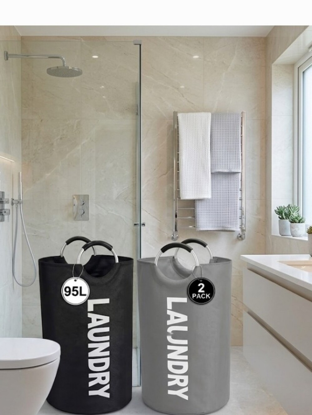 Laundry Hampers Set of 2 - Black & Gray Laundry Bags with Handles 25.1 Gallon